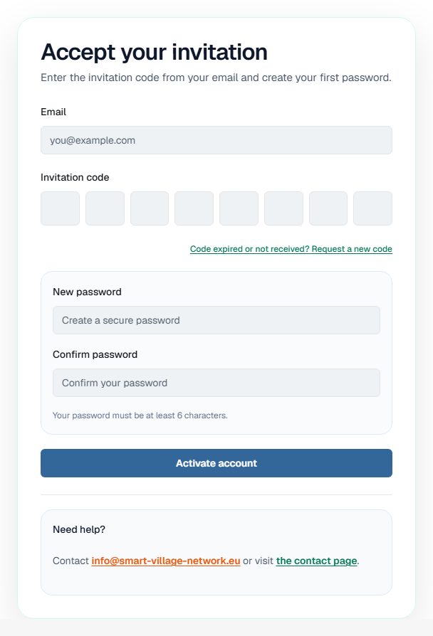 The invitation page, where the 8-digit code and a new password are entered